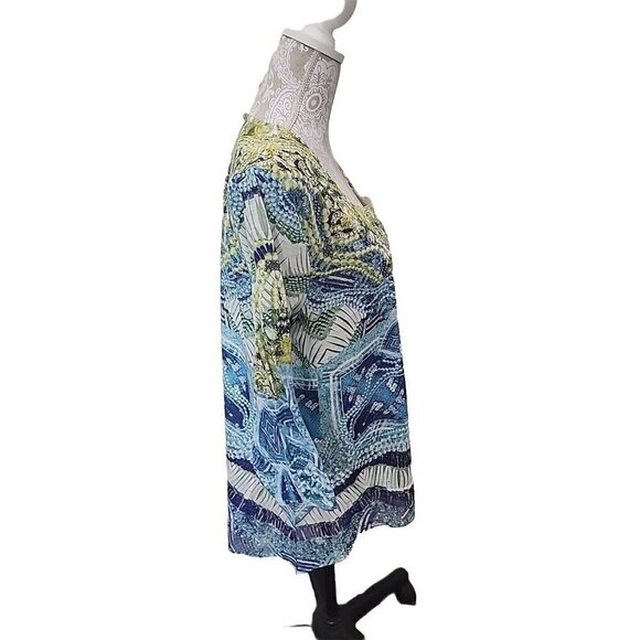 Chico's Blue/Lime Scalloped Lace Sequin & Pearl Print Chiffon Hem Top Xlarge - Picture 3 of 8